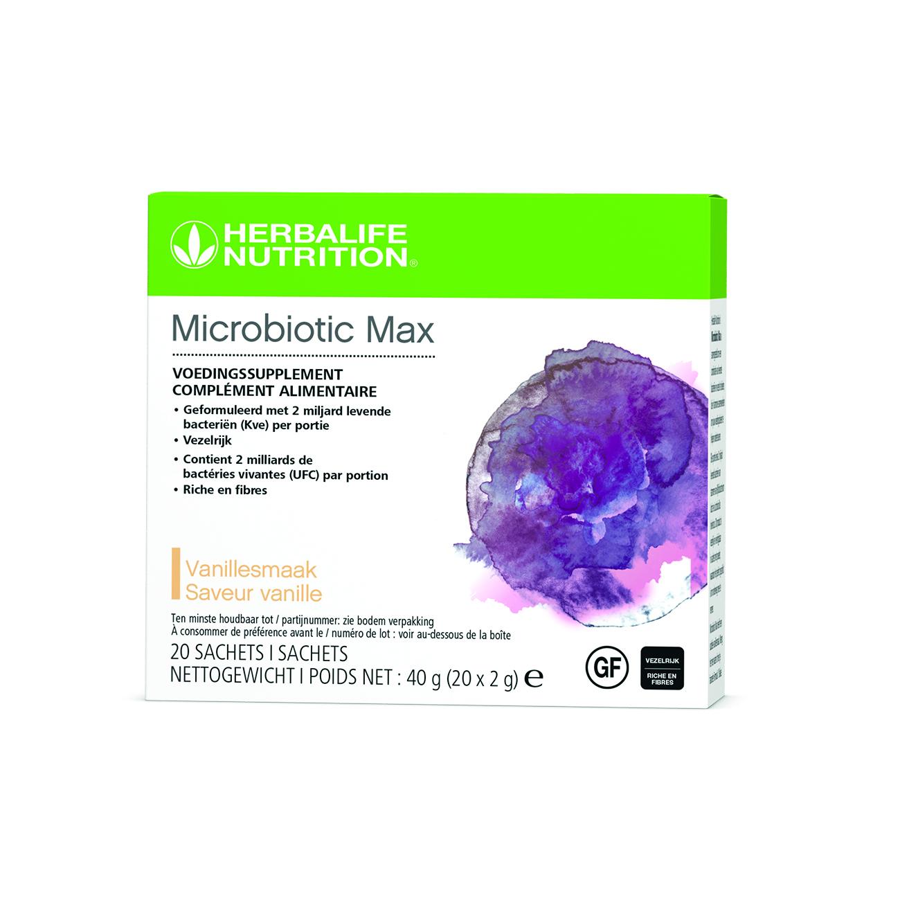 Microbiotic Max Vanille d'Herbalife Nutrition est un complément alimentaire formulé pour offrir à la fois des bactéries vivantes et des fibres